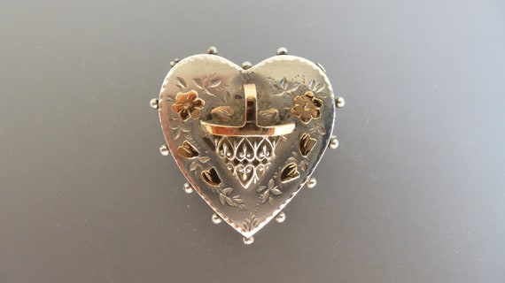 Victorian Silver Heart Flower Basket Brooch with … - image 1