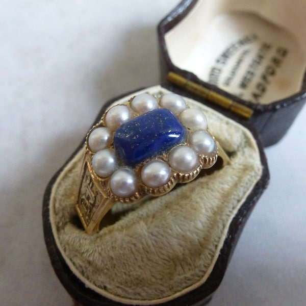 19th Century Lapis Lazuli Seed Pearl Ring - Antique Memorial Georgian Victorian - Size P+ UK 7.75 US