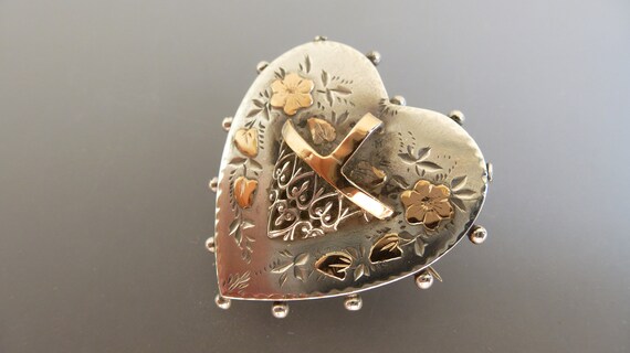 Victorian Silver Heart Flower Basket Brooch with … - image 3