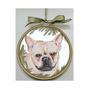 French Bulldog Ornament - Frenchie Hoop Art - Personalize - Pet Art - Realistic Frenchie Embroidery