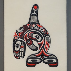 Killer Whale - Pacific NW Coast Indian Whale wall hanging - First Nations art - embroidered NW Indian textile art - black and red orca