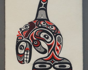 Killer Whale - Pacific NW Coast Indian Whale wall hanging - First Nations art - embroidered NW Indian textile art - black and red orca