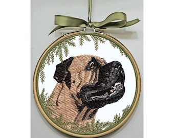Bullmastiff Ornament - Mastiff Hoop Art - Personalize - Embroidered Dog Gift - Man&#39;s Best Friend - Pet Art