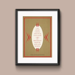 Peut inclure: Un fond de papier brun avec du texte rouge qui dit "Je suis en colère, je suis malade, et je suis aussi laid que le péché. Mon irritabilité me maintient en vie et en mouvement."