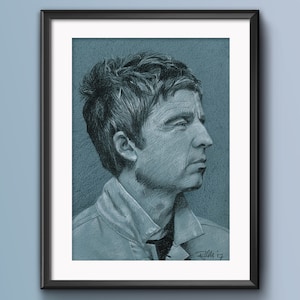 Noel Gallagher, Oasis, Art Print, Drawing, Portrait, Artwork, Giclée Print, Wall Art, Greetings Card, Blue and White