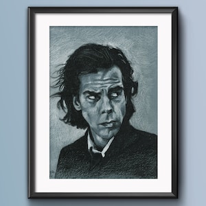 Nick Cave, Bad Seeds, Festa di compleanno, Stampa d'arte, Disegno, Ritratto, Opera d'arte, Stampa Giclée, Arte da parete, Biglietto di auguri, Blu e Bianco