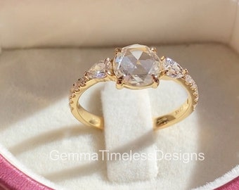 Natural Rose Cut Diamond 3 Stone Ring 18K Gold