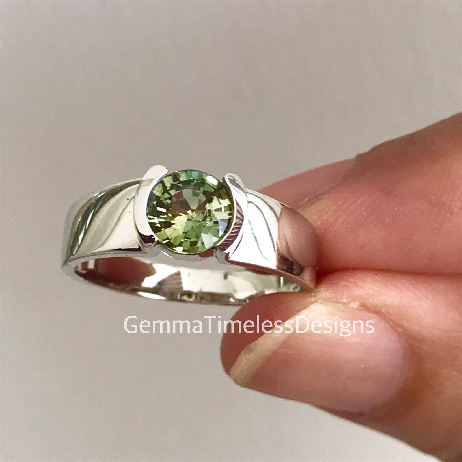 Natural Unheated Green Sapphire 18K White Gold Ring