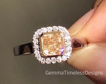 0.80ct Natural Untreated Golden Champagne Cushion Cut Diamond 18k Gold Ring