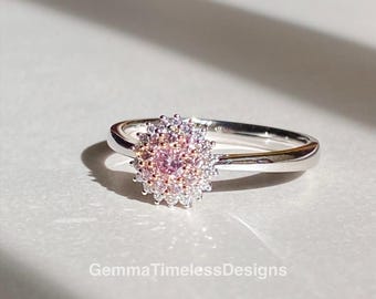 Natural Untreated Pink Diamond Ring 18K Gold - Sun Flower Cluster