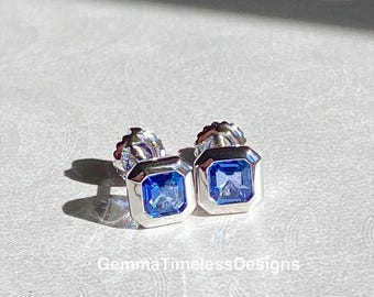 Natural Ceylon Blue Sapphire Stud Earrings- 14k White Gold