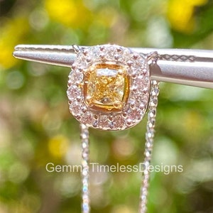 Natural Untreated Intense yellow diamond and white diamonds 14K white gold pendant with chain