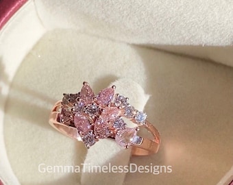 Unique Natural Untreated Pink Diamond Cluster Ring 18K Gold