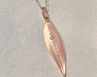 Natural Untreated Pink Diamond Eucalyptus Leaf Pendant with chain 14K Solid Gold-Australiana Collection