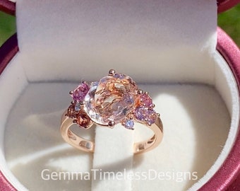 Natural Untreated Cluster Peach Morganite, Purple Sapphire, Pink Spinels and Diamonds Ring