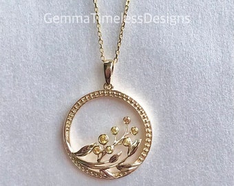 Unique Natural Yellow Sapphire Golden Wattle Flower Pendant 14K Gold with chain - Australiana Collection