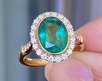 Natural Untreated 2.71ct Emerald and Diamond Oval Shape Ring