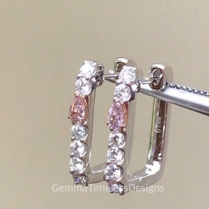 LAST PAIR - Natural Untreated Pink Diamond Rectangle Hoop Earrings 18K Gold