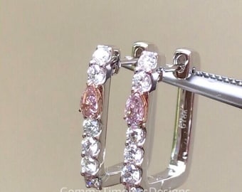 LAST PAIR - Natural Untreated Pink Diamond Rectangle Hoop Earrings 18K Gold