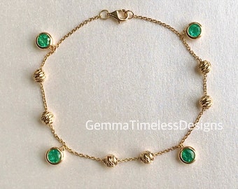 Natural Untreated Emerald 14k Solid Gold Charms Bracelet