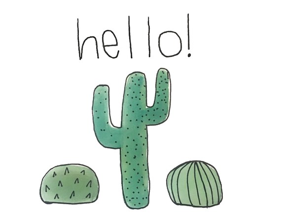 Watercolor Cactus Card With Hello Written Above Etsy