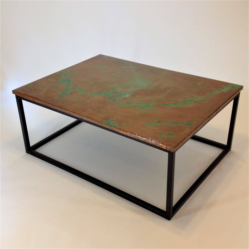 Hammered Copper With Green Patina Coffee Table, Epoxy Finish Decor