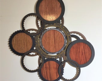 Wood and gears wall art, steampunk, upscale industrial, 3D wall hanging, original artwork, Bespoke, modern, contemporary, Knoechel, urban