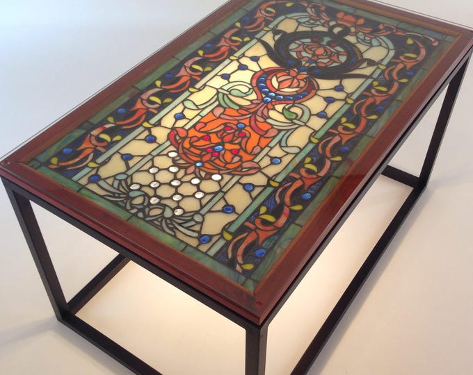 Stained Glass Coffee Table, Stained Glass End Table, Blue and Orange