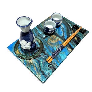 Coffee / Tea / Snack Tray.  Featuring saucer area made with machine gear, and Spoon Holder/ Knife Rest made with ceramic chopstick holder.