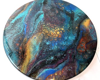 Handmade Epoxy Resin Lazy Susan, Peacock Multicolor Swirl Dining Table Charcuterie Board