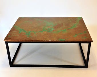 Hammered Copper with Green Patina Coffee Table, Epoxy Finish Decor, Handmade, Knoechel, Retro, Urban, Living Room, Bespoke, Hand Crafted