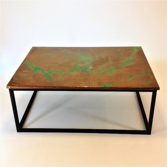 Hammered Copper with Green Patina Coffee Table, Epoxy Finish Decor, Handmade, Knoechel, Retro, Urban, Living Room, Bespoke, Hand Crafted