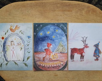 Set of 3 Postcards of my paintings. St.Lucia, a Lantern gnome and a Winter gnome.