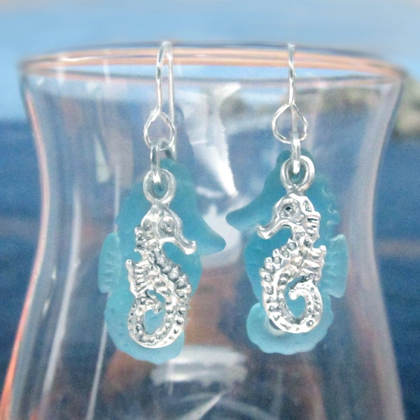 Sea Glass Seahorse Earrings, .925 Sterling Silver, Blue Sea Glass Seahorse, 925 Seahorse Earrings,