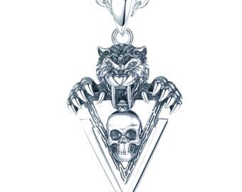 925 Sterling Silver Saber-Tooth Tiger Head Necklace, With Skull