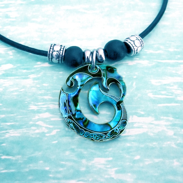 Water Dragon Paua Celtic Design Ocean Shell Charm Necklace With or Without Beads