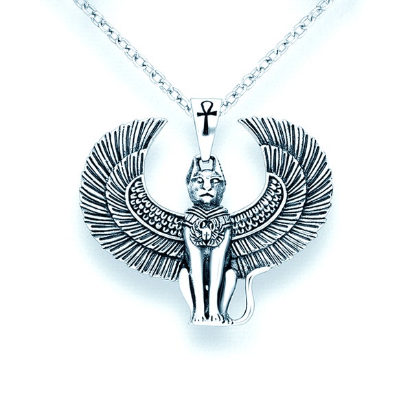 Egyptian Bastet Goddess Necklace, 925 Sterling Silver, Egypt Deity, Cat Goddess, Warrior & Protector