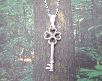 4 Leaf Clover Key Necklace, .925 Sterling Silver, Lightweight Small Clover Pendant, Lucky Pendant, Irish, Celtic, Shamrock Clover