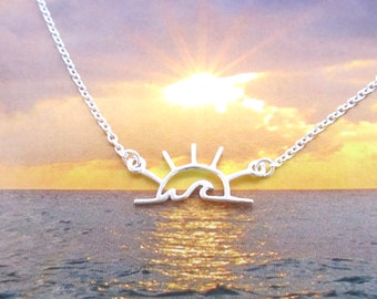 Sunrise/Sunset Waves Necklace, .925 Sterling Silver, Small Charm, Sun With Waves, Reversible