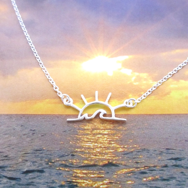 Sunrise/Sunset Waves Necklace, .925 Sterling Silver, Small Charm, Sun With Waves, Reversible