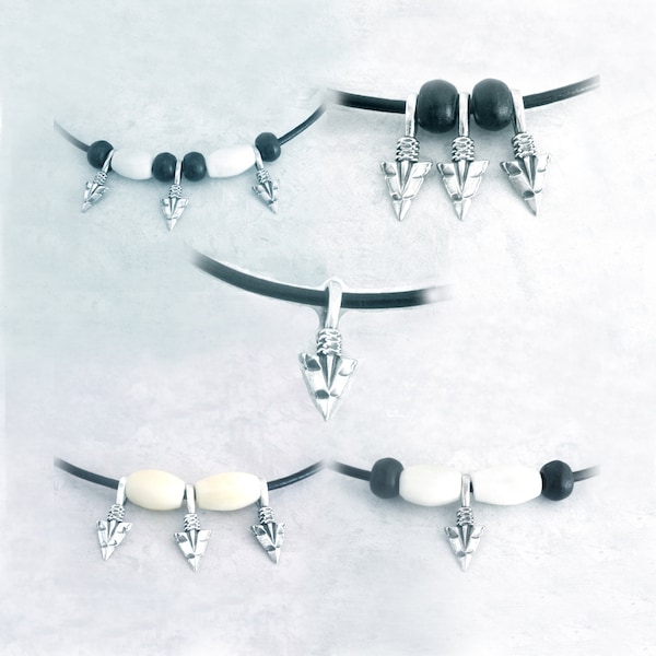 Arrow Tips Necklace, .925 Sterling Silver, 5 Unique Designs to Choose From, Black Wood Beads, White/Cream Bone Beads