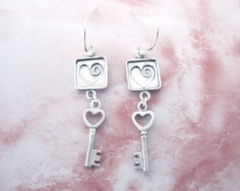 Key To Your Heart Earrings, 925 Sterling Silver, Key Jewelry, Dangle, Drop Earrings