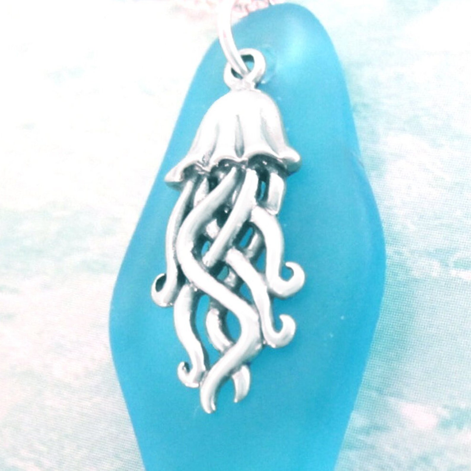 Jellyfish Necklace .925 Sterling Silver Teal Blue Sea Glass Etsy