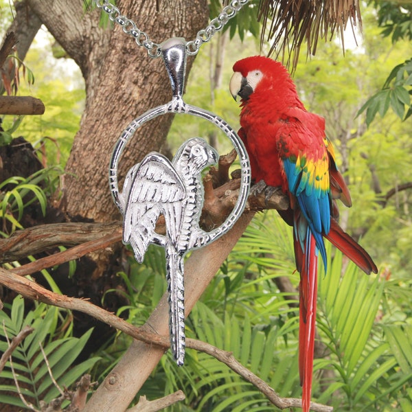 Large Macaw Parrot Pendant Necklace, .925 Sterling Silver, Beautifully Detailed Pendant, Parrot Necklace, Large Bird