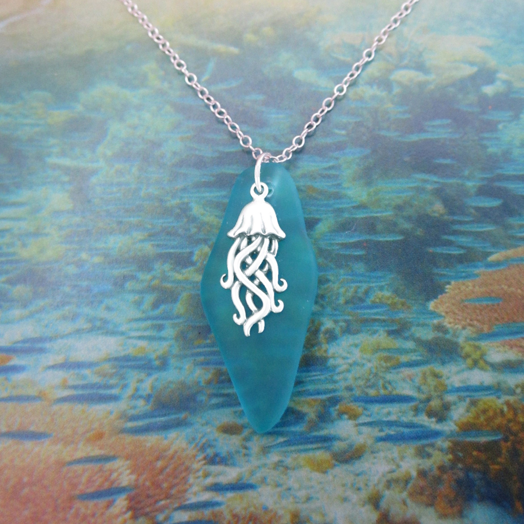 Jellyfish Necklace .925 Sterling Silver Teal Blue Sea Glass Etsy