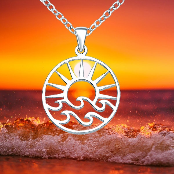 Sunset Waves Necklace, .925 Sterling Silver, Cutout Pendant, Sun With Waves, Reversible