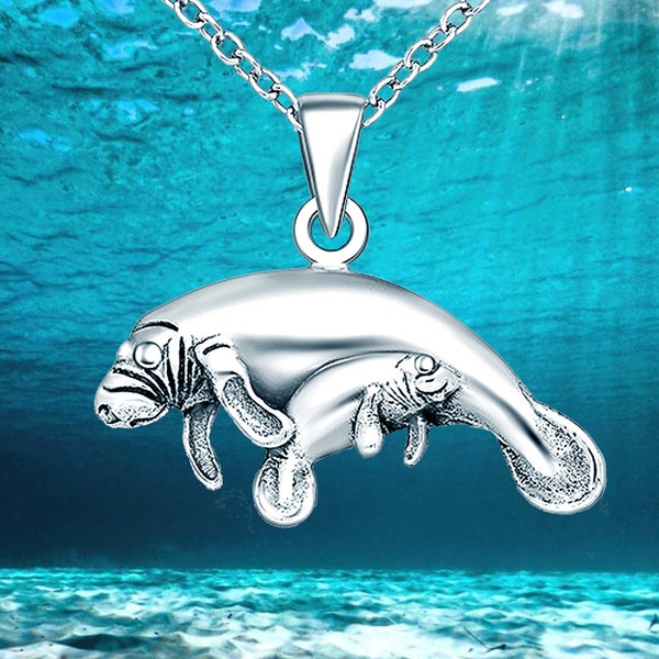 Mom & Baby Manatee's Necklace, 925 Sterling Silver, Sea Cow Pendant, Marine Mammals, Gentle Giants