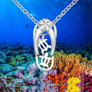 Turtle & Plumeria Flip Flop Necklace, 925 Sterling Silver, Hawaiian Flower Slipper, Turtle Thong Sandal
