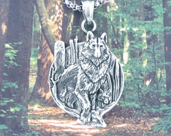 Viking Wolf Necklace, Stainless Steel, Wolf In Woods Pendant, Viking Letters, Viking Calendar, Viking Compass, Norse Symbol