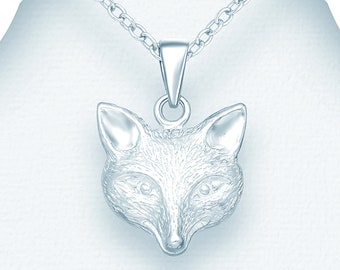 Silver Fox Head Necklace, .925 Sterling Silver, Fox Pendant,